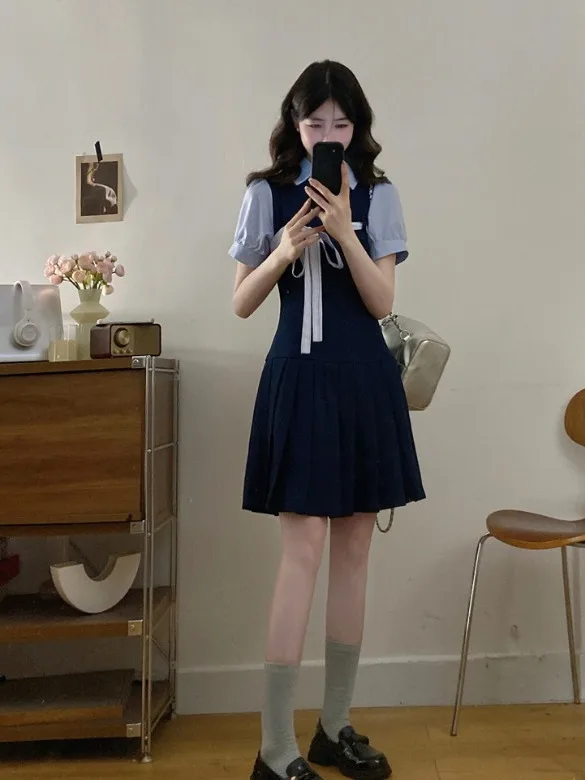 

plus Size Women's Summer Shirt Collar Short Sleeve Dress High Waist A-Line Skirt Color Block Faux Two-Piece Ensemble