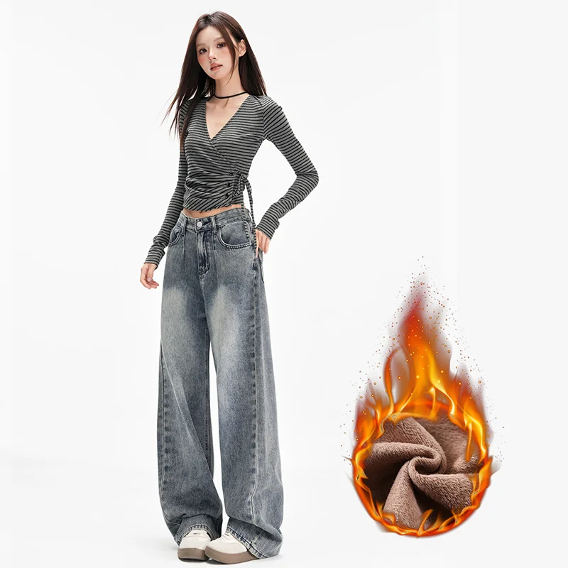 Vintage Baggy Hohe Taille Fleece Jeans Frauen Y2K Breite Bein Übergroßen Harajuku Beliebte Mode Winter Streetwear Männer Jeans Hosen