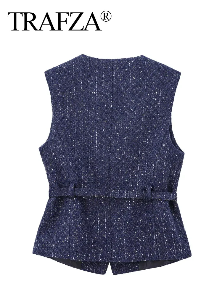 TRAFZA Frau Taste Taschen Dekoration Beiläufige Dünne Weste Chic Top Frauen Mode Oansatz Ärmellose Textur Blau Weste Tops