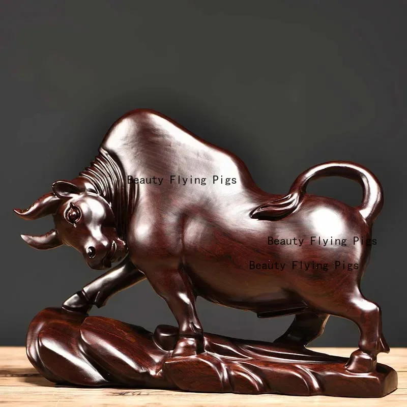 1pc Wooden Cow Ornament Twelve Zodiac Ox Ornaments Home Decoration Office Decoration Solid Wood Carving Animal Crafts 14cm High
