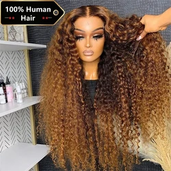 Perruque Lace Front Wig frisée naturelle ombrée, cheveux humains, Deep Wave, brun miel, 13x6, 13x4, à reflets, densité 250, 30 pouces