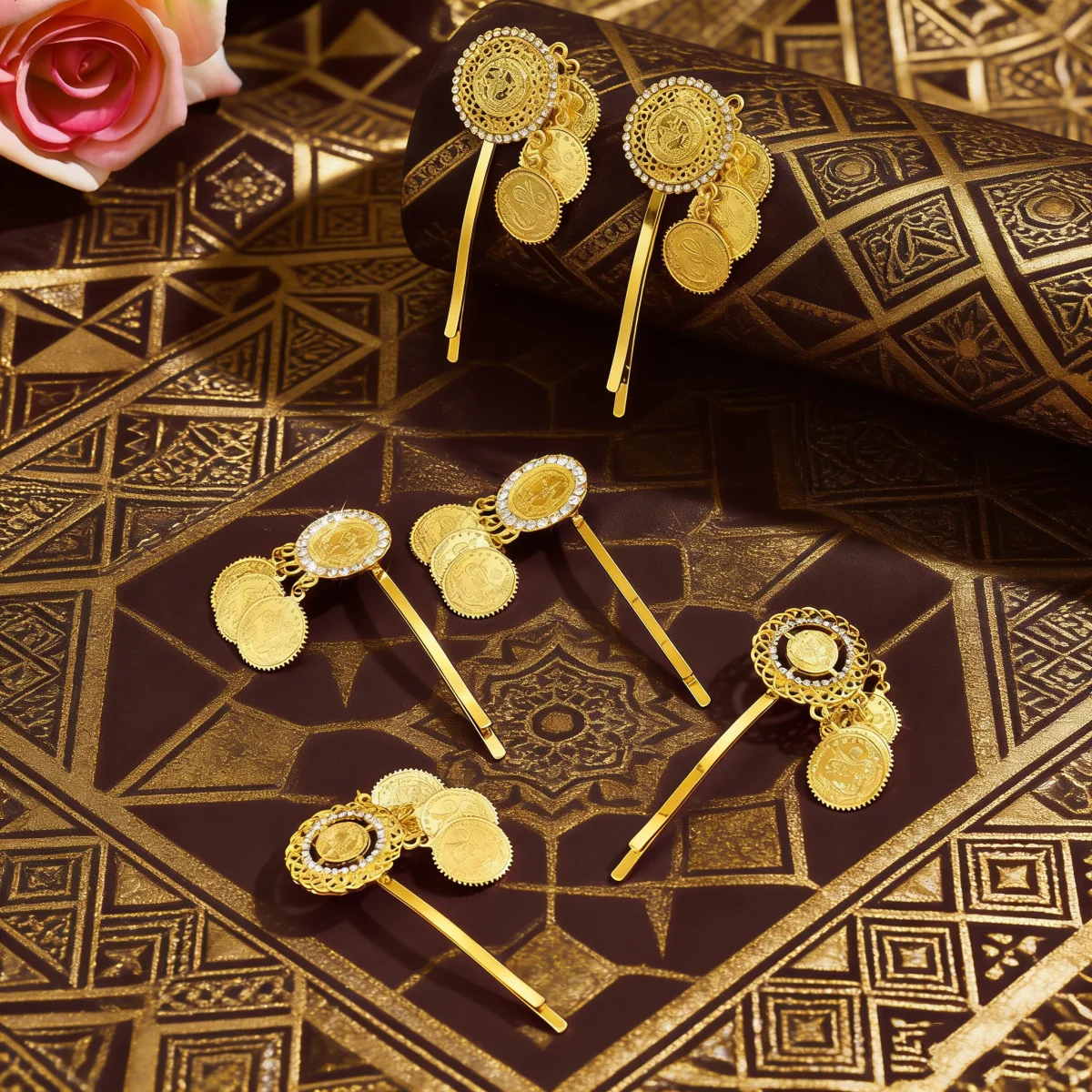 

Золотые заколки-диски для волос для женщин Ближнего Востока, с полым узором, металлические, для вечеринок, украшения для причесок, доступны различные варианты