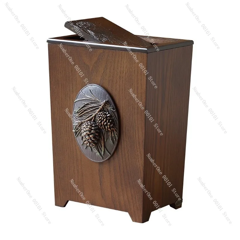 Large Capacity Vintage Wooden Trash Can with Lid Retro Home Office Paper Basket Decorative Waste Bin for Living Room Kitchen