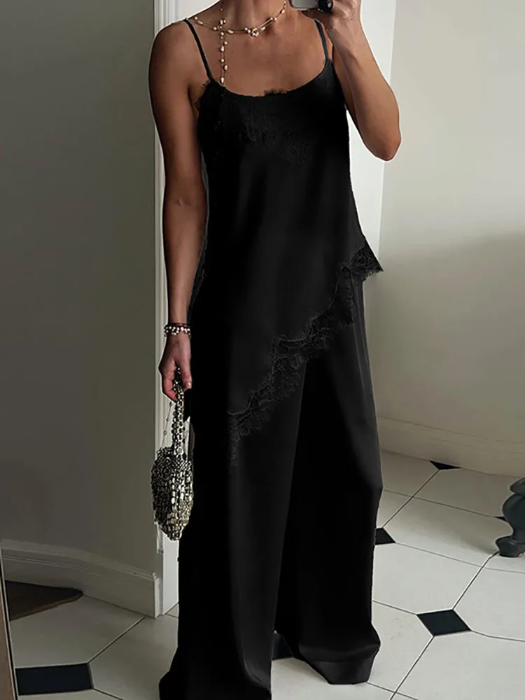 

Sexy Satin Camisole Top+Pants Two-piece Set Casual Solid Irregular Sleeveless Home Outfit Spring Summer Elegant Lace Loose Suit