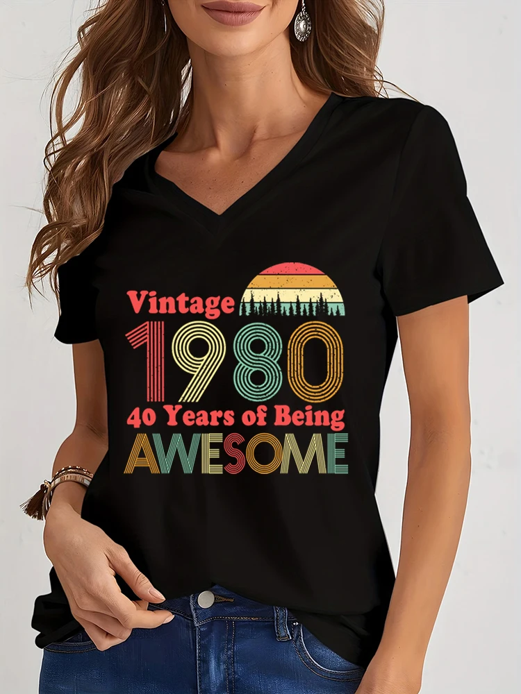 Women Birthday Anniversary T-shirts Vintage 1984 40 Years of Being Awesome T Shirt Gift Short Sleeve Tee Ladies V Neck Tshirt