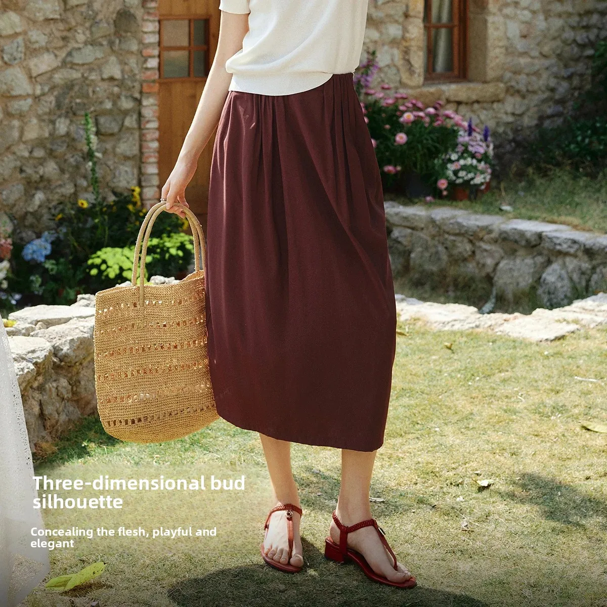 OLrain Vintage Red Balloon Skirt for Women 2026 Summer Minimalist Commute Elastic Waist Loose Casual A-Line Skirt O58XB003515
