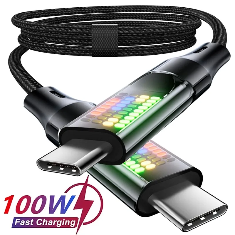 100 W Gamer RGB leuchtendes USB-C-Kabel Typ C auf Typ C PD Schnellladekabel Nylon geflochten für Samsung MacBook Pro Air IPhone 17 Uhr