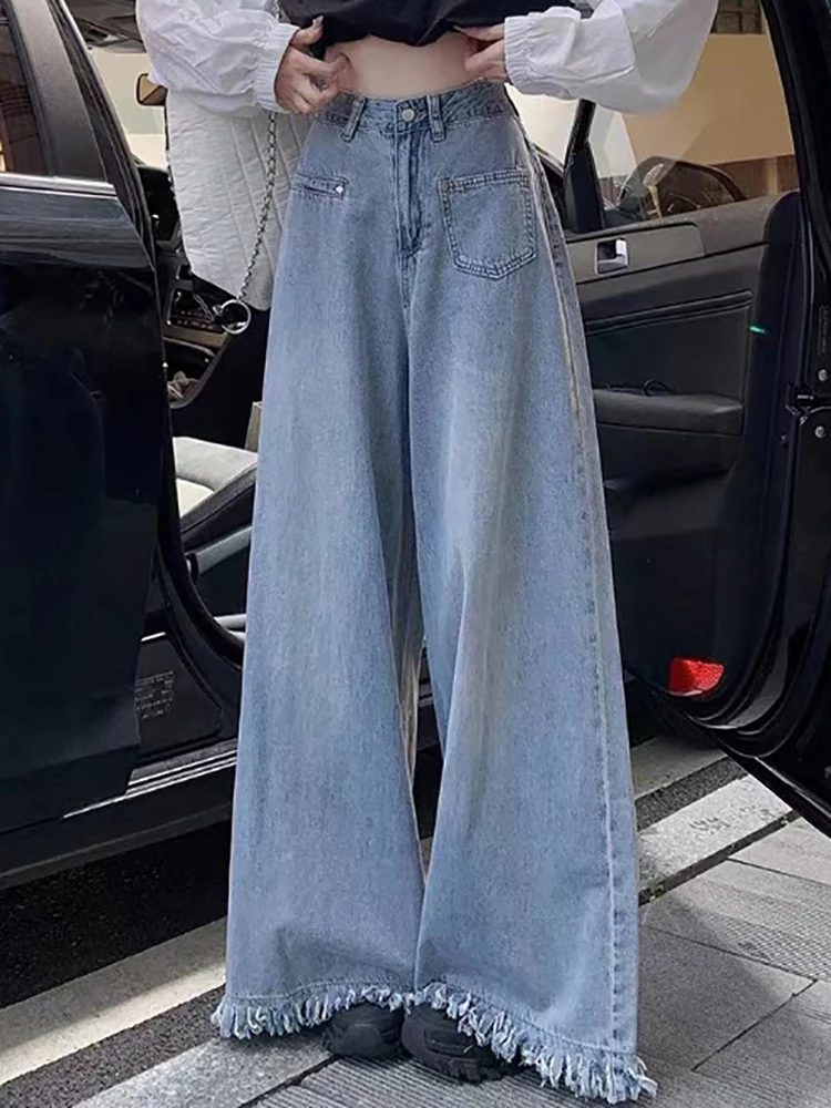 

Oversized Women Loose Denim Trousers Popular High Waist Wide Leg Tassel Pants Casual All-matched Female Jeans Streetwear