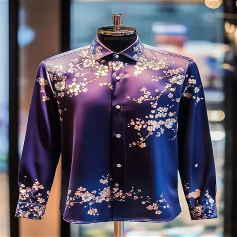 Men's glossy satin long-sleeve dress shirt featuring a plum blossom floral print with a purple-to-blue gradient.