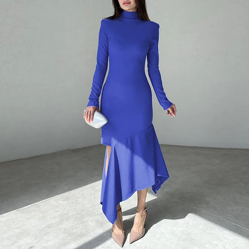 New Autumn Sexy Side Split Swing Dress Fashion Long Sleeved Solid Color Office Dress Elegant Half High Collar Slim Women's Dress