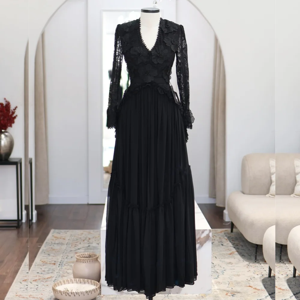 Abiti lunghi neri a trapezio con scollo a V con applicazioni in chiffon personalizzate Occasioni su misura Serata da donna Elegante festa Matrimonio Chic