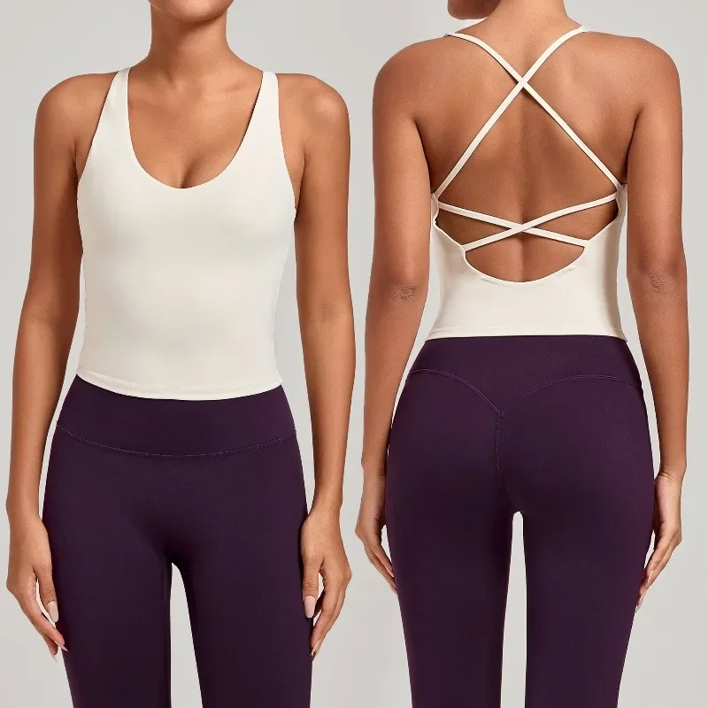 Seamless Quick-Dry Yoga Vest-Style Sports Top with Cross Strap Back Built-in Bra Cups Versatile Gym Workout Running Fitness Wear