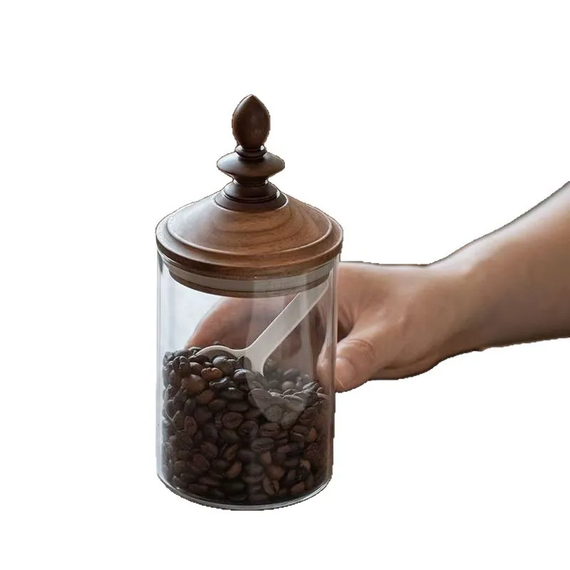 Black Walnut Cover Japanese Retro Coffee Bean Storage Tank Wooden Cover Glass Storage Tank Sealed Storage Tank Wooden Cover