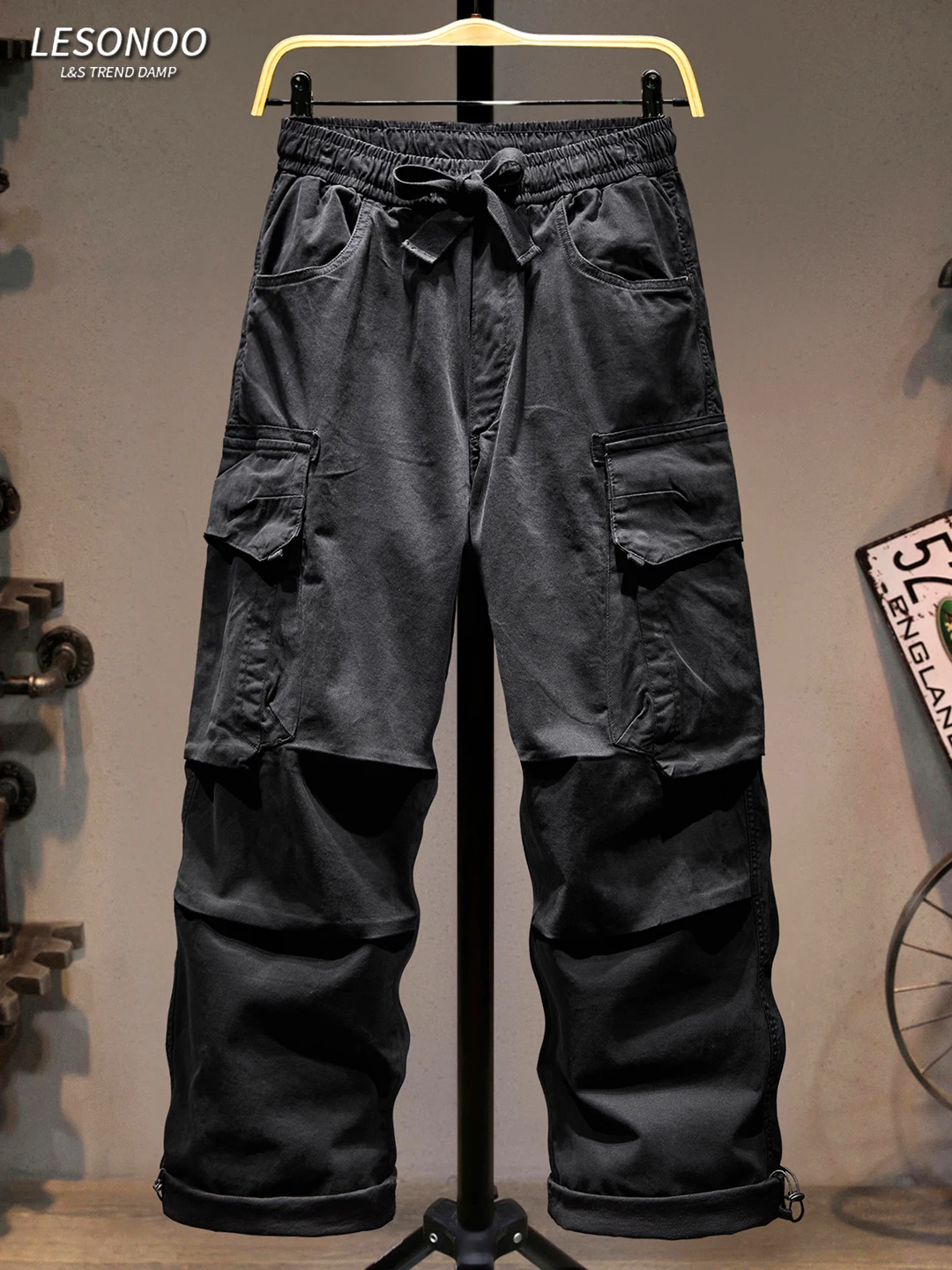 

American Sle Men's Workwear Pants Wide Leg Straight Cut Bla Loose Fit Faionable Elastic Waist Casual Trousers