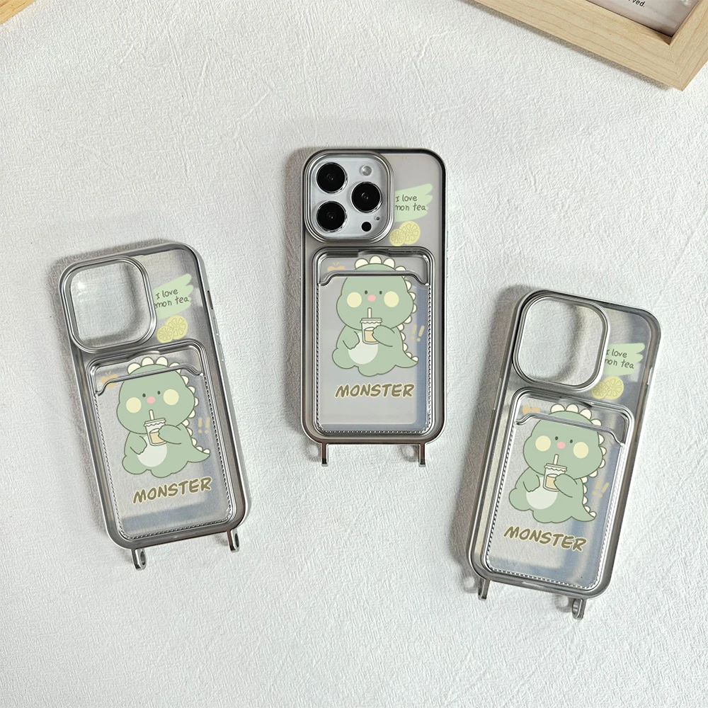 Cute Dinosaur Electroplated Transparent Card Holder Wallet Case For iPhone 11 12 13 14 15 Pro Max