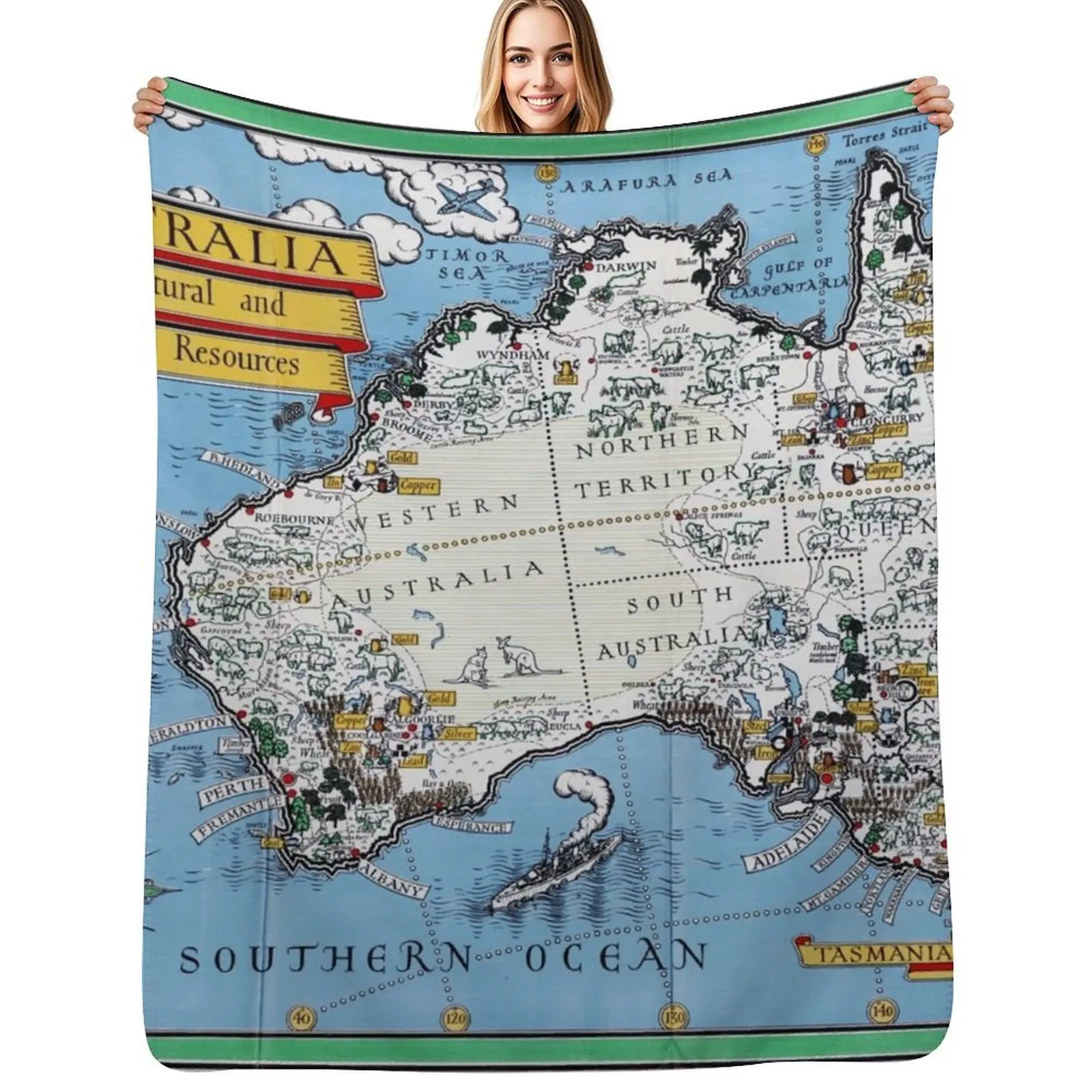 

Pictorial Map Print of Australia, her natural and industrial resources by MacDonald Gill (1942) Throw Blanket