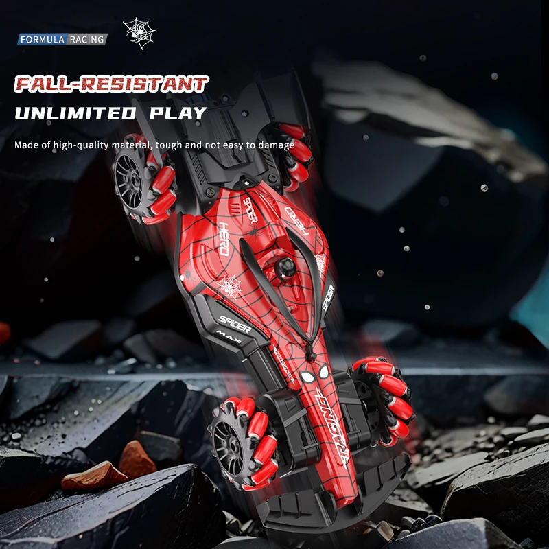 F1スパイダーリモコンレーシングカー、スプレーライト特殊効果ドリフト機能搭載、360度回転対応デュアルリモコン付き °   回転