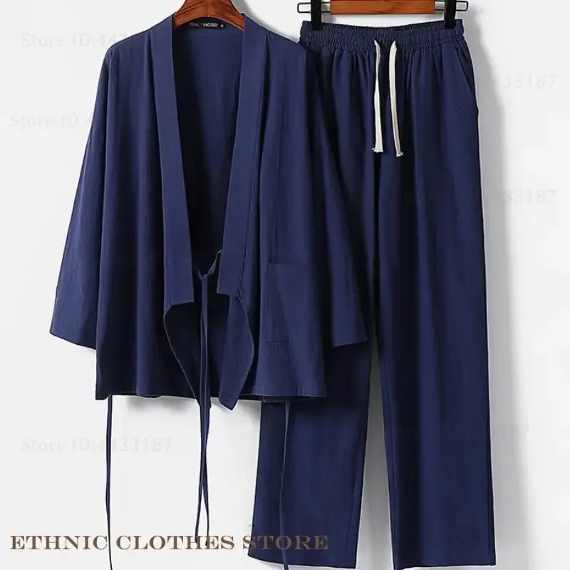 

Plus Size 3XL-9XL Men Japanese Kimono Cardigan Pants Set Harajuku Samurai Costume Cotton Linen Kimono Haori Yukata Loose Jacket