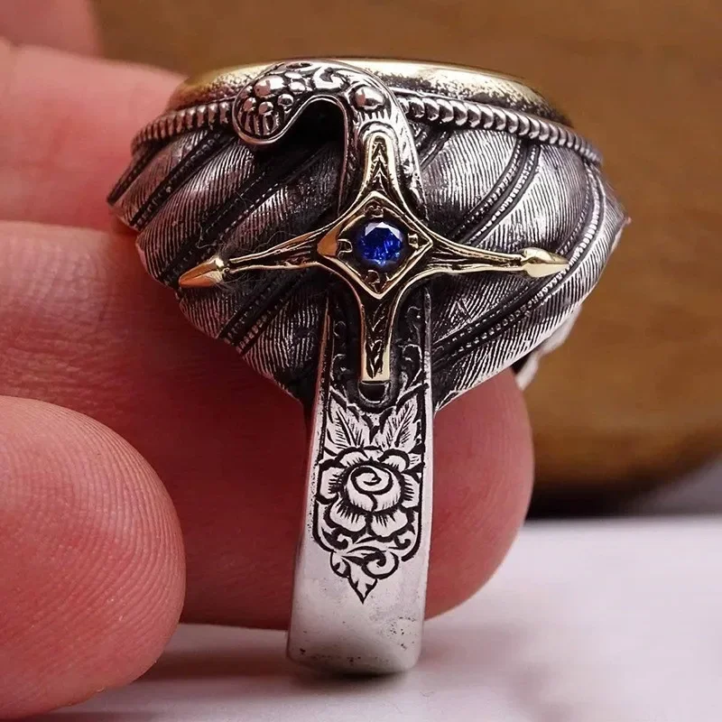 Vintage Arab Style Rings for Men Stainless Steel Ethnic Jewelry Inlay Gemstone Machete Koran Scripture Shaped Exotic Gifts