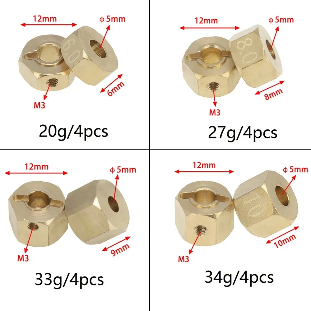 4Pcs Brass 12mm Hex Wheel Hub Extended Adapters for Axial Redcat RC Crawler, Heavy Duty Weighted Wheel Widening Spacers