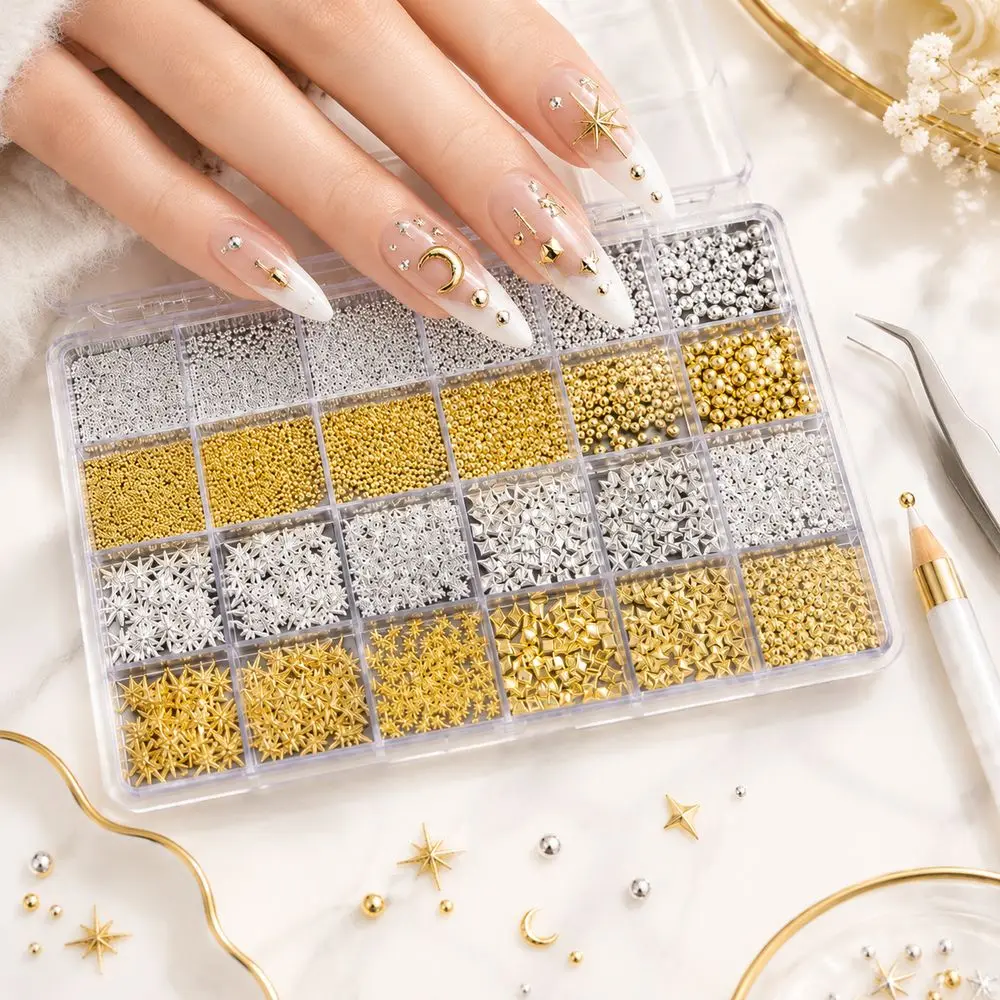 24Grids Lightweight Alloy Punk Rock Nail DIY Stud Kit Star Dot Rivet Bead Gold Silver Mixed Size for Date Night Manicure Set