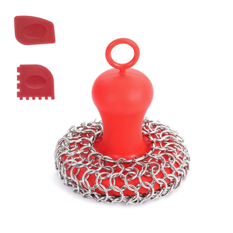 Cast Iron Chainmail Scrubber + Pan Scraper, Stainless Steel Skillet Cleaner, Scraper Tool For Cast Iron Pans Washable Red