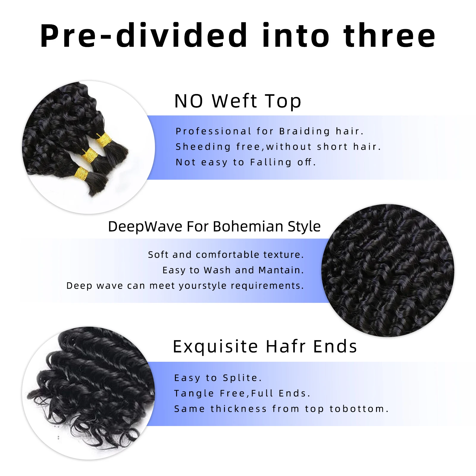 Extensiones de cabello rizado brasileño de onda profunda 12A, 3 mechones de cabello humano virgen, 100% extensiones de trama de cabello sin procesar, Color negro Natural