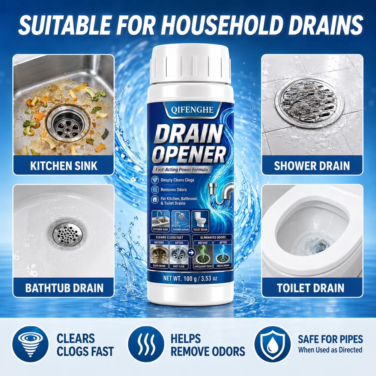 100g Drain Cleaner Powder, Powerful Pipe Dredge Agent for Kitchen Sink Bathroom Toilet, Clog Remover & Odor Remover