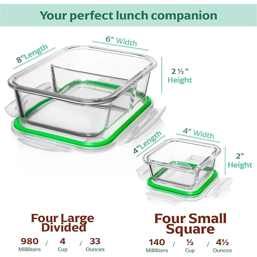 حاويات إعداد الوجبات الزجاجية من Fusion Gourmet مع أغطية [8 عبوات 33 أونصة 4.5 أونصة] صناديق بينتو زجاجية مقسمة مكونة من حجرتين للبالغين