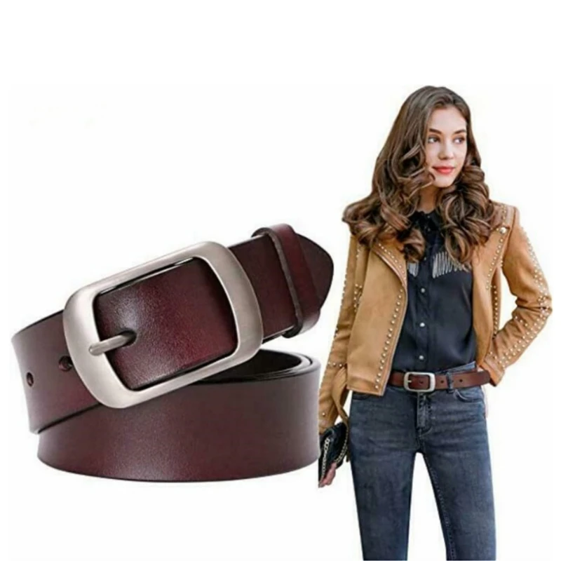 

Simple Women Belt Real Leather Vintage Cowskin Pin Buckle Wide Belt For Woman Casual Belts