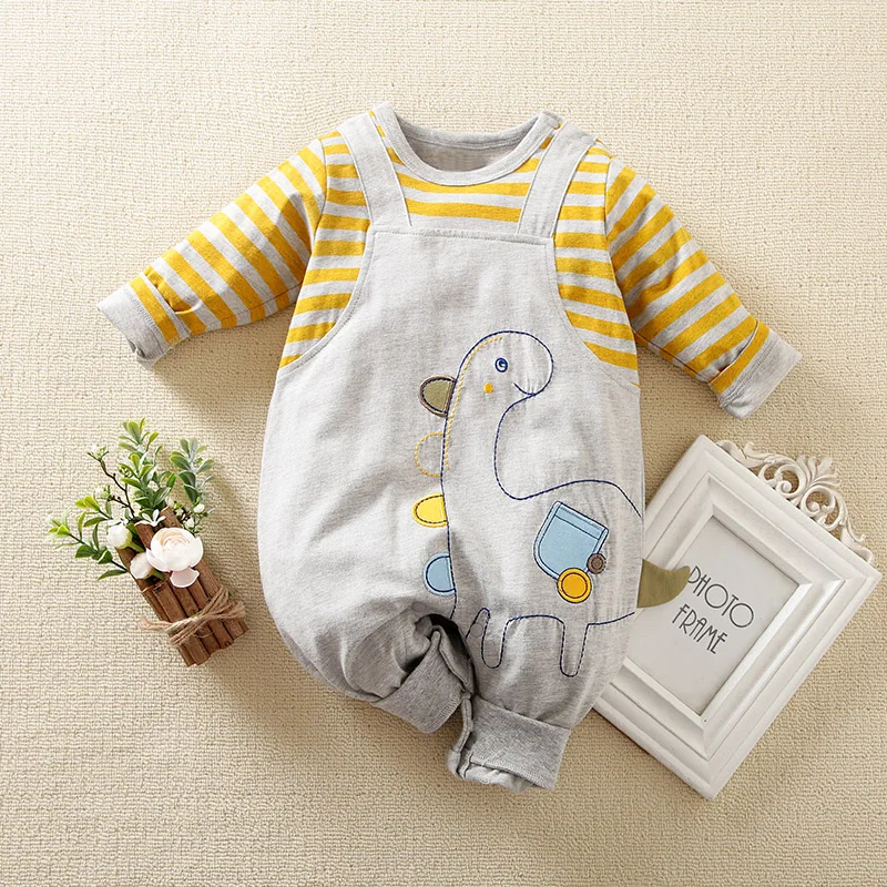 Spring And Autumn Boys And Girls Cute Cartoon Dinosaur 3d Embroidery Cotton Comfortable Long Sleeve Baby Bodysuit