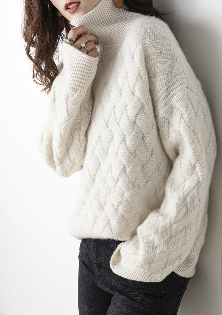 

Women's Autumn Winter Thick Mock Neck Pullover 100% Merino Wool Sweater Rhombus Knit Casual Loose Style Cashmere Knitwear