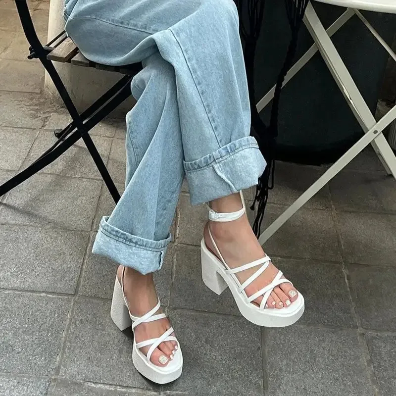 2024 Summer New Thick Heel Sandals Women\'s Thin Strap Waterproof Platform Open Toe High Heels Cross Tie Korean Roman Shoes