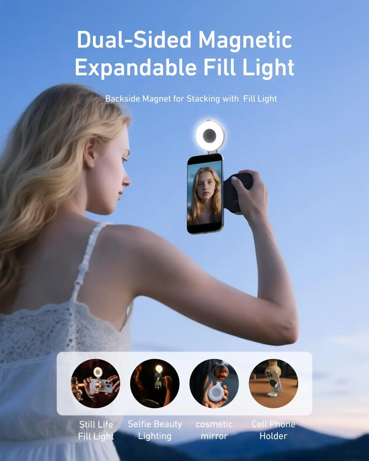 قبضة كاميرا الهاتف المغناطيسية من TELESIN Fun Shot + مجموعة إضاءة السيلفي المغناطيسية C03 المتوافقة مع iPhone وAndroid