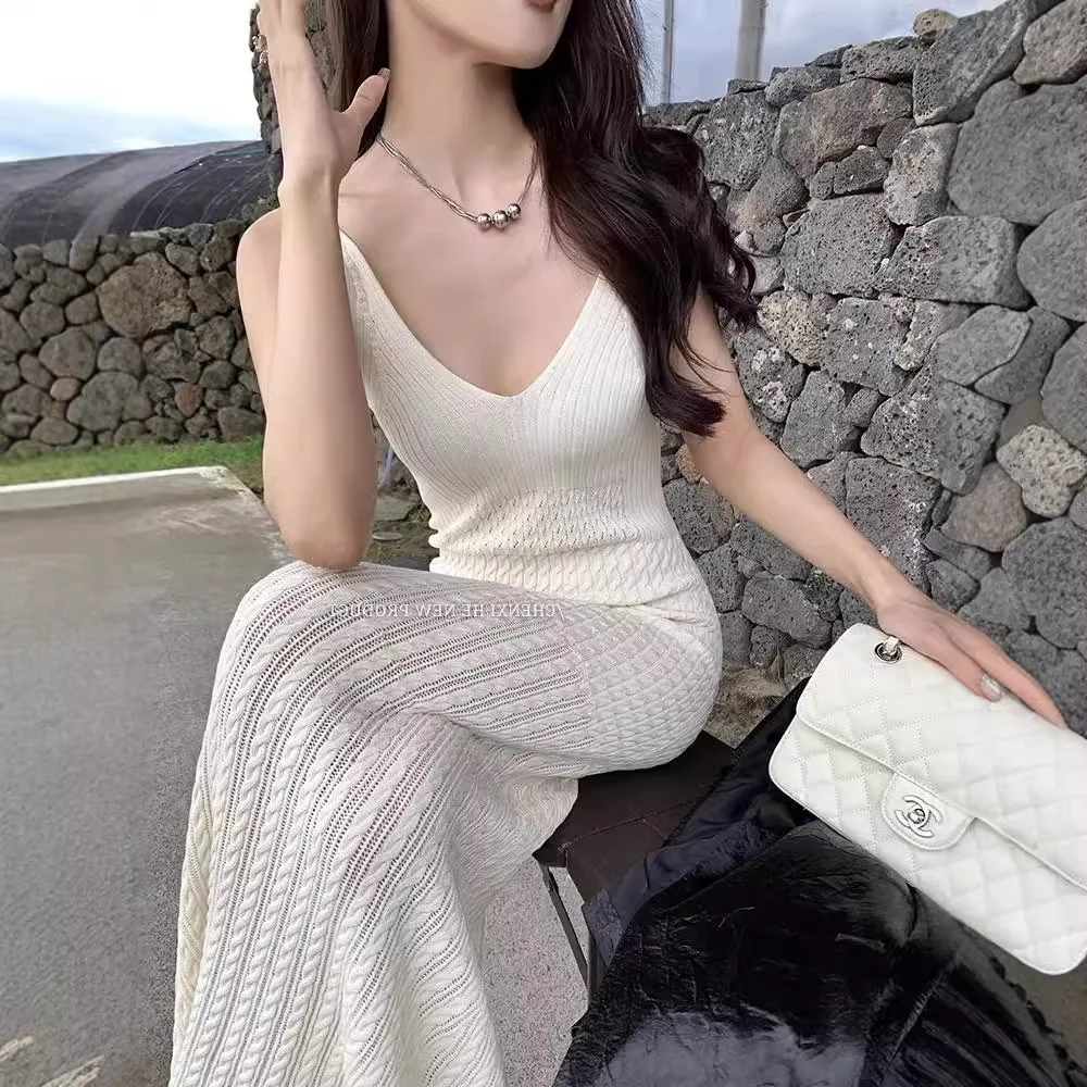 

2026 Elegant Knit Slip Dress Hollow Crochet Bodycon Midi Dress Slim Fit Sleeveless Cami Dress for Inner Layer Daily Outfits