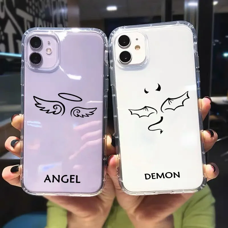 Cartoon Demon Angel Couple Phone Case for IPhone 15 14 13 12 11 Pro XS MAX 7 SE2 X XR 8 14 Plus Clear Soft Silicone Cover Fundas