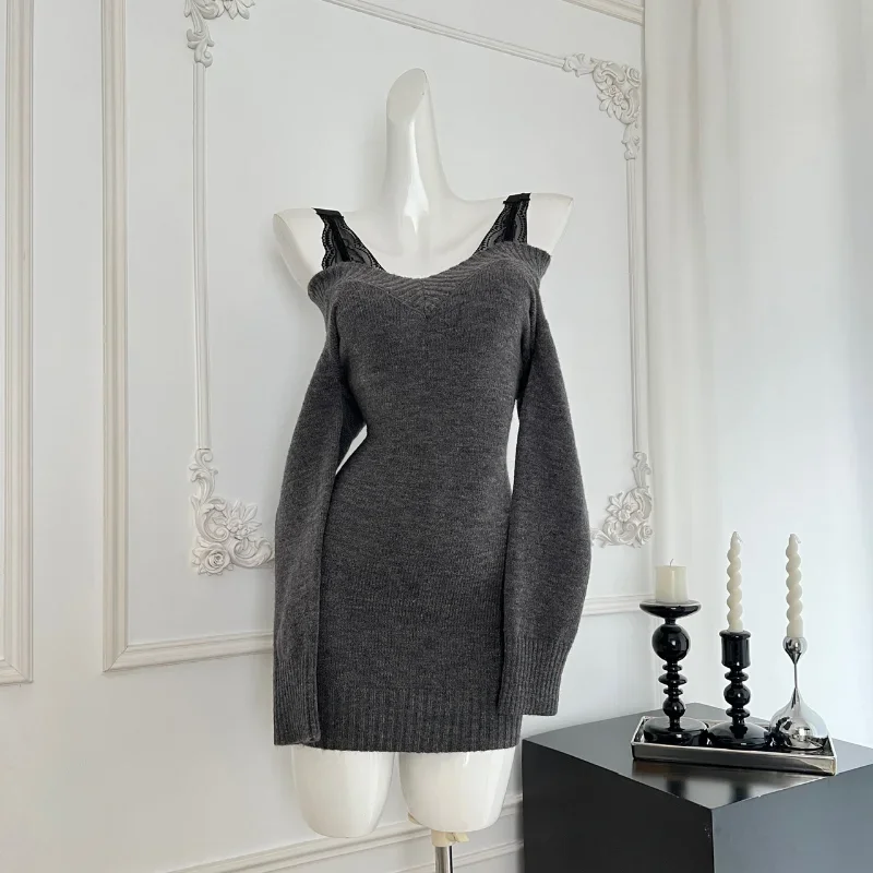 Autumn Winter Deep V-neck Sexy Knitted Dress Women Long-sleeved Lace Vest Fashion Party Elegant French Chic Sweater Lady Dress