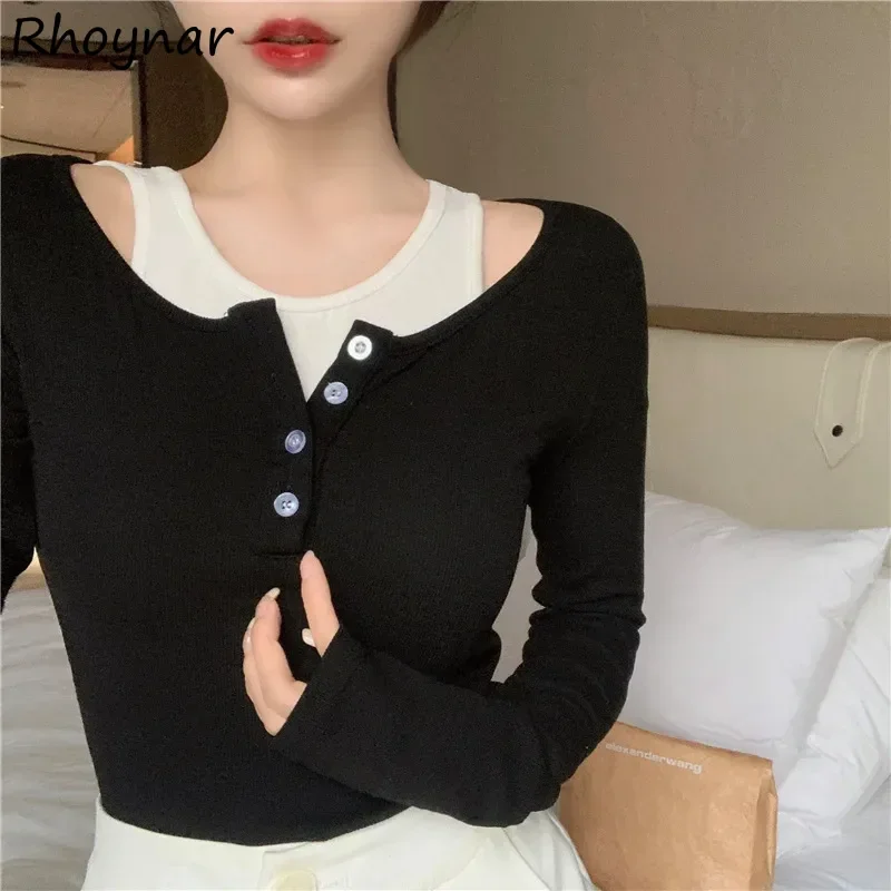 Fake 2Pcs T-shirts Women Autumn Slim Korean Fashion Designed Patchwork Simple Tops Aesthetic Clothes All-match Tees Stylish Chic