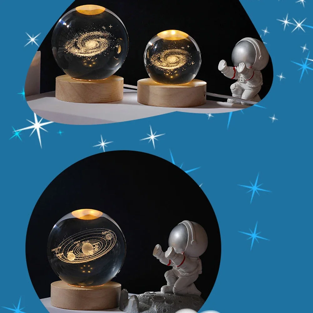 Crystal Ball Night Light Crystal Ball Lamp 3D Engraved Milky Way System Crystal Ball with Wooden Base USB Charging Gift for Kids