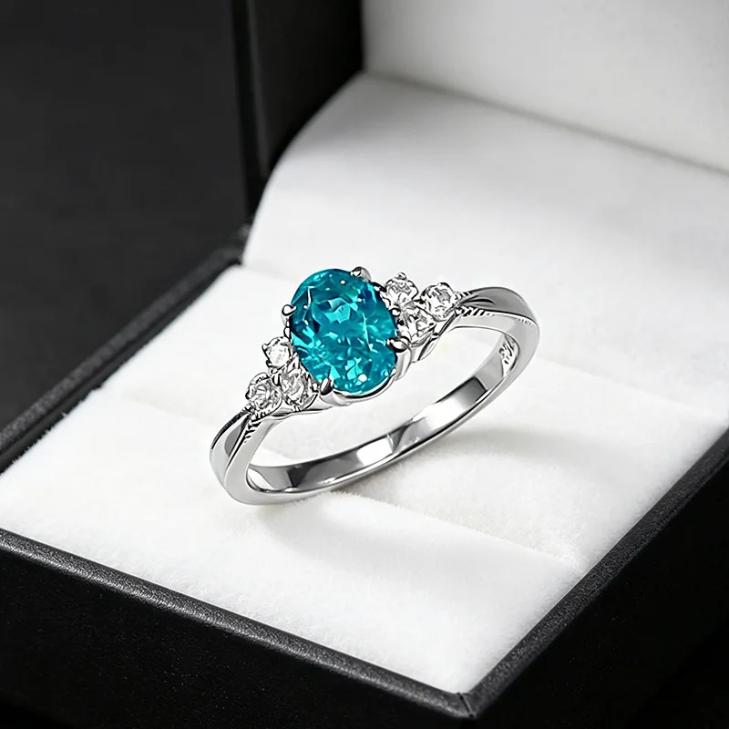 100% Original Certified PT950 Oval 5*7mm Paraiba Ring Set with Mosaic Diamonds in White Gold Jewelry