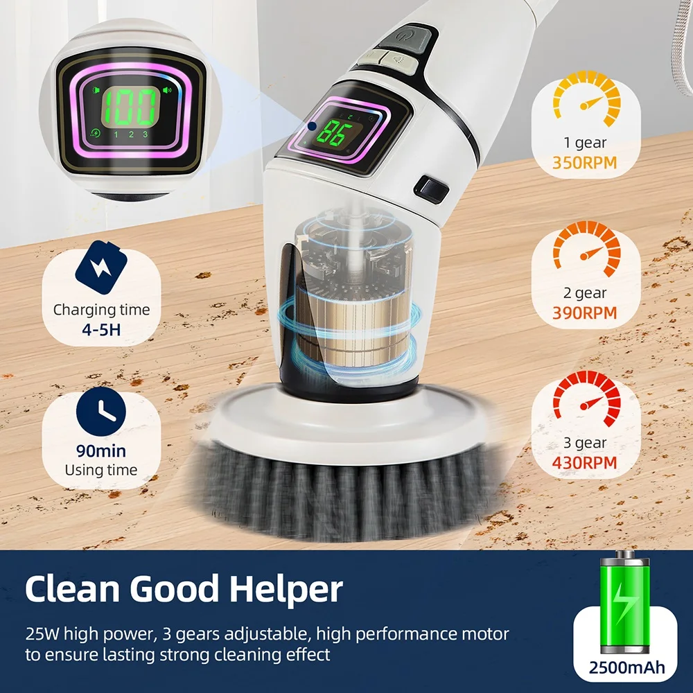 10-IN-1다기능 청소 브러시 ​​전기 스핀 스크러버 회전 바닥 Windows 브러시 클리너 욕실 주방 화장실