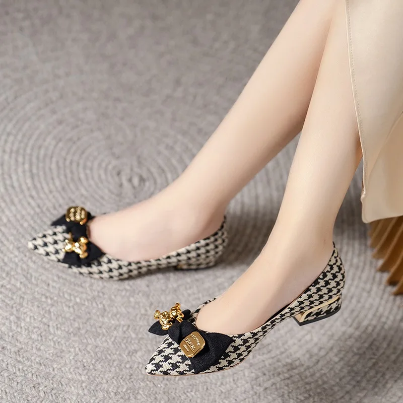 Mulheres apartamentos sapatos outono novo dedo do pé apontado deslizamento em cores misturadas houndstooth mocassins borboleta-nó boca rasa tênis feminino