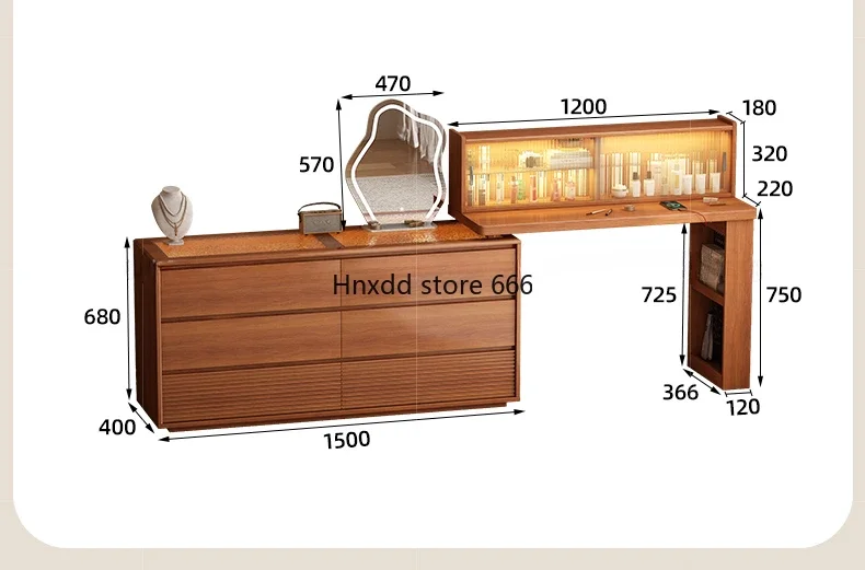 Retro style solid wood vanity table, chest, integrated telescopic desk, vanity table, L-shaped corner table