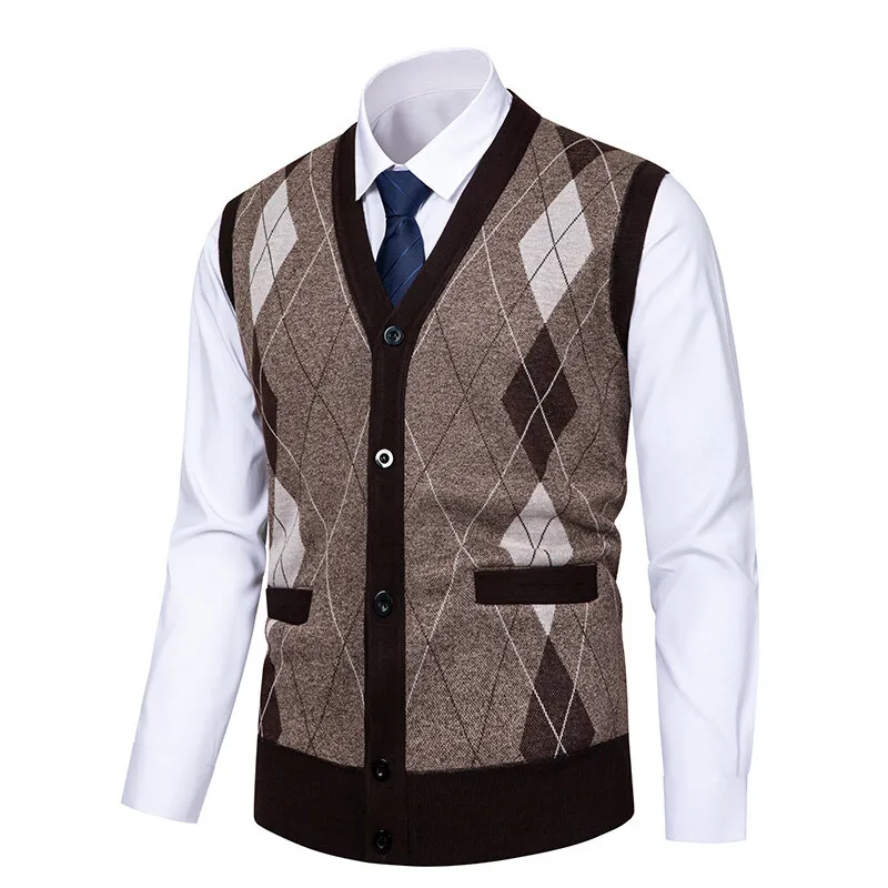 

Autumn Winter Casual Knitted Sweater Jaet Men's Dad Sle Vest No Sve Plaid Warmth V-Ne Open Cardigan for Middle-Aged ...