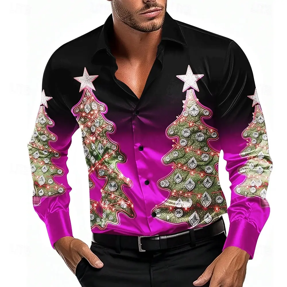 2025 عيد الميلاد الرجال شجرة عيد الميلاد التدرج اللون قميص طويل الأكمام أزياء عارضة حزب عطلة الصيف الربيع الخريف
