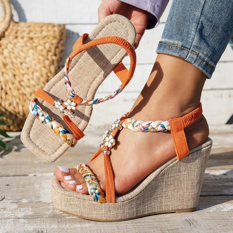 2025 New Elastic Band Thick-soled Wedge Heel Sandals women's High Heels with Hemp Rope Woven Soles Bohemian Vacation Beach Shoes