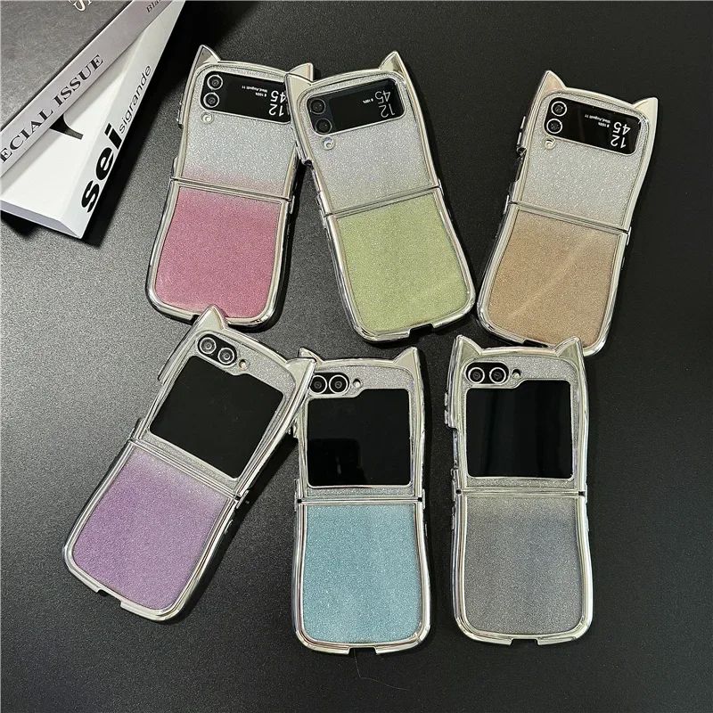 

Cat Ears Gradually Shiny Phone Case for Samsung Galaxy Z Flip 6 5 4 3 Protective Back Cover for ZFlip4 ZFlip5 ZFlip6 Case Shell