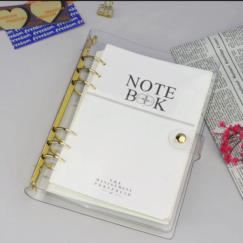 A6 A5 Transparent Loose Leaf Binder Notebook Gold plating Inner Core Cover Note Book Journal Planner Office Stationery Supplies