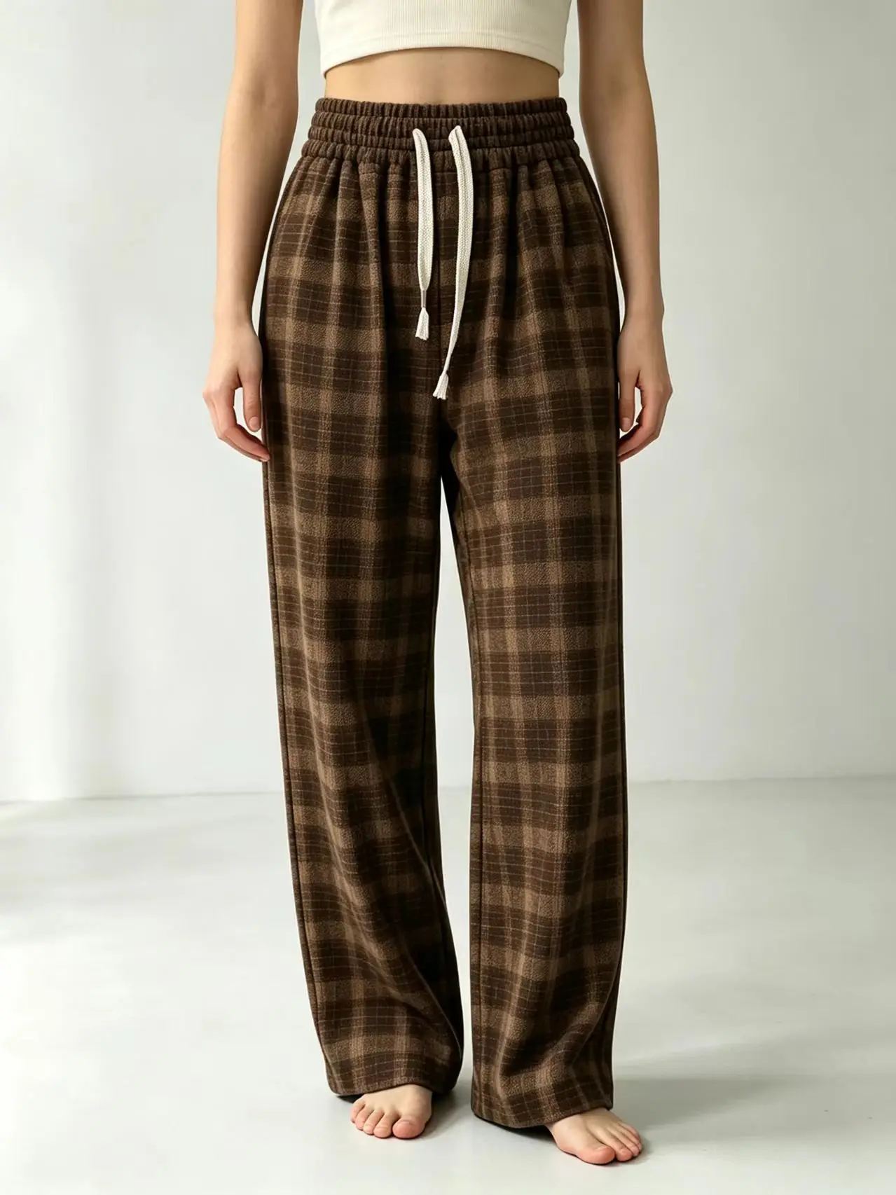 celrimenns Plaid Wide Leg Pants Elastic High Waist Drawstring Loose Casual Trousers Vintage Black Grey Checkered Long Pants
