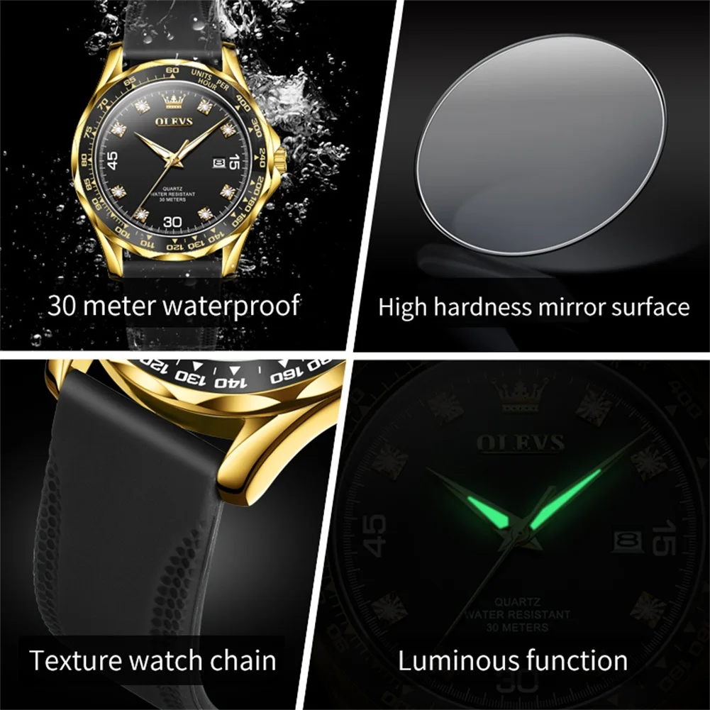 OLEVS Mens Watches Top Brand Luxury Quartz Watch Men Silicone Strap Sports Waterproof Luminous Calendar Watch Relogio Masculino
